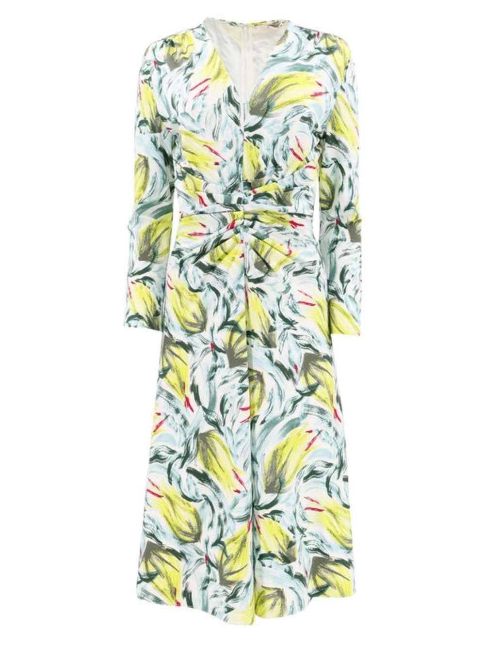 Diane Von Furstenberg XL V-Neck Gathered Green Floral Jersey Midi Dress